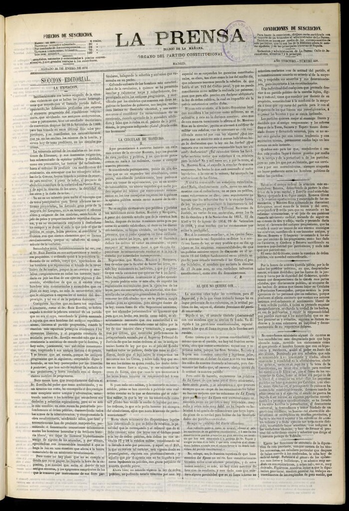 Miniatura de La Prensa : diario de la mañana : político, literario y de noticias del 25 de enero de 1873, nº 558