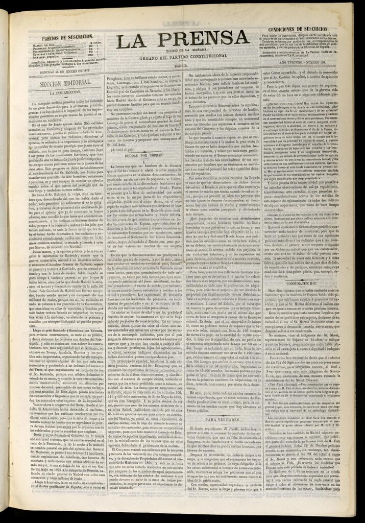Miniatura de La Prensa : diario de la mañana : político, literario y de noticias del 26 de enero de 1873, nº 559