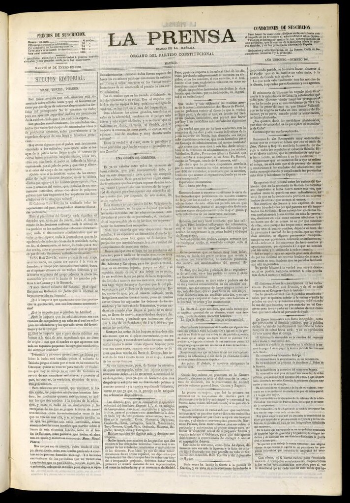 Miniatura de La Prensa : diario de la mañana : político, literario y de noticias del 28 de enero de 1873, nº 560
