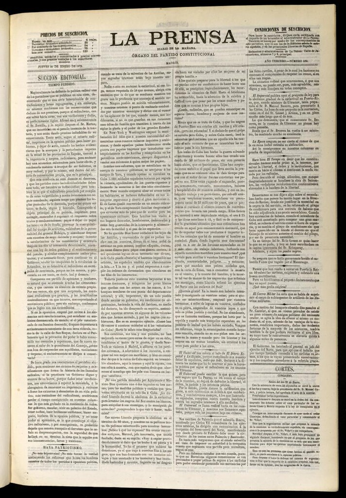 Miniatura de La Prensa : diario de la mañana : político, literario y de noticias del 30 de enero de 1873, nº 562
