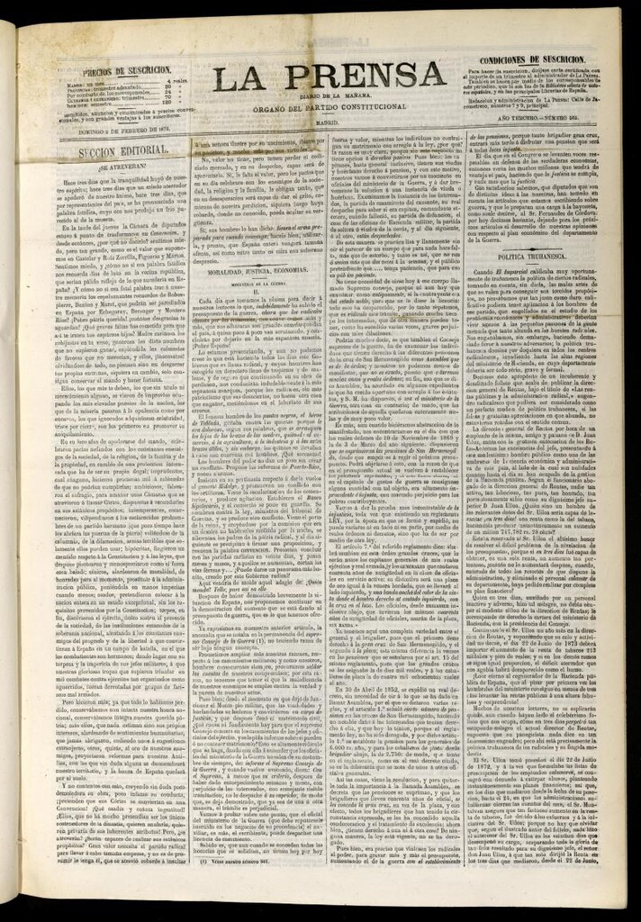 Miniatura de La Prensa : diario de la mañana : político, literario y de noticias del 2 de febrero de 1873, nº 565