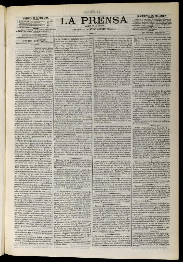 Miniatura de La Prensa : diario de la mañana : político, literario y de noticias del 4 de febrero de 1873, nº 566