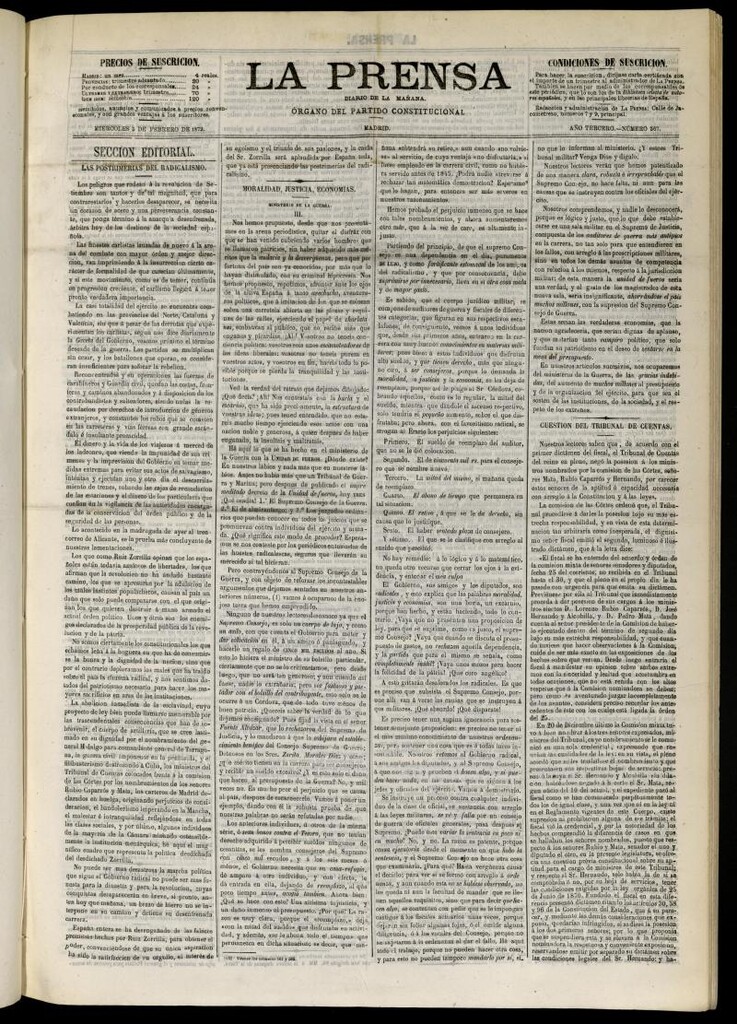 Miniatura de La Prensa : diario de la mañana : político, literario y de noticias del 5 de febrero de 1873, nº 567