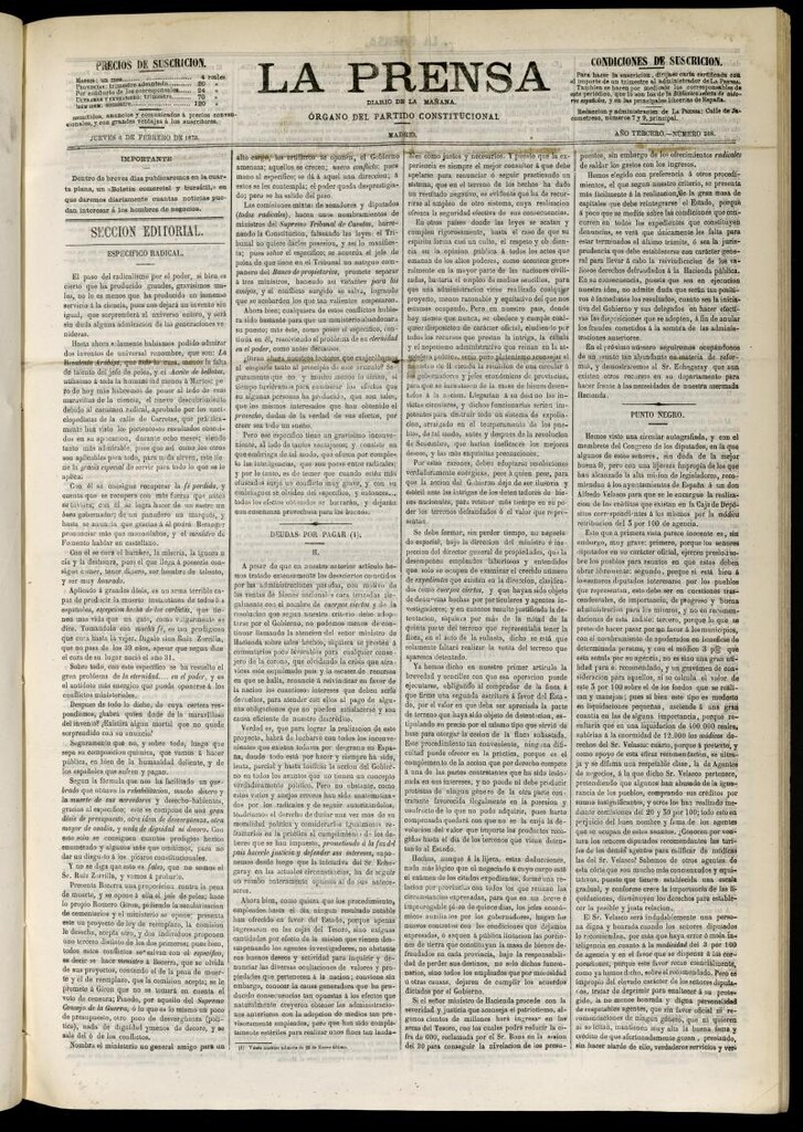 Miniatura de La Prensa : diario de la mañana : político, literario y de noticias del 6 de febrero de 1873, nº 568