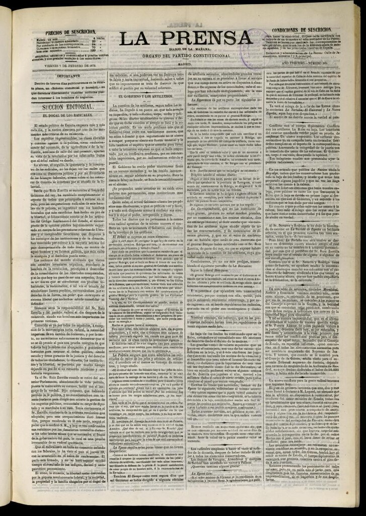Miniatura de La Prensa : diario de la mañana : político, literario y de noticias del 7 de febrero de 1873, nº 569