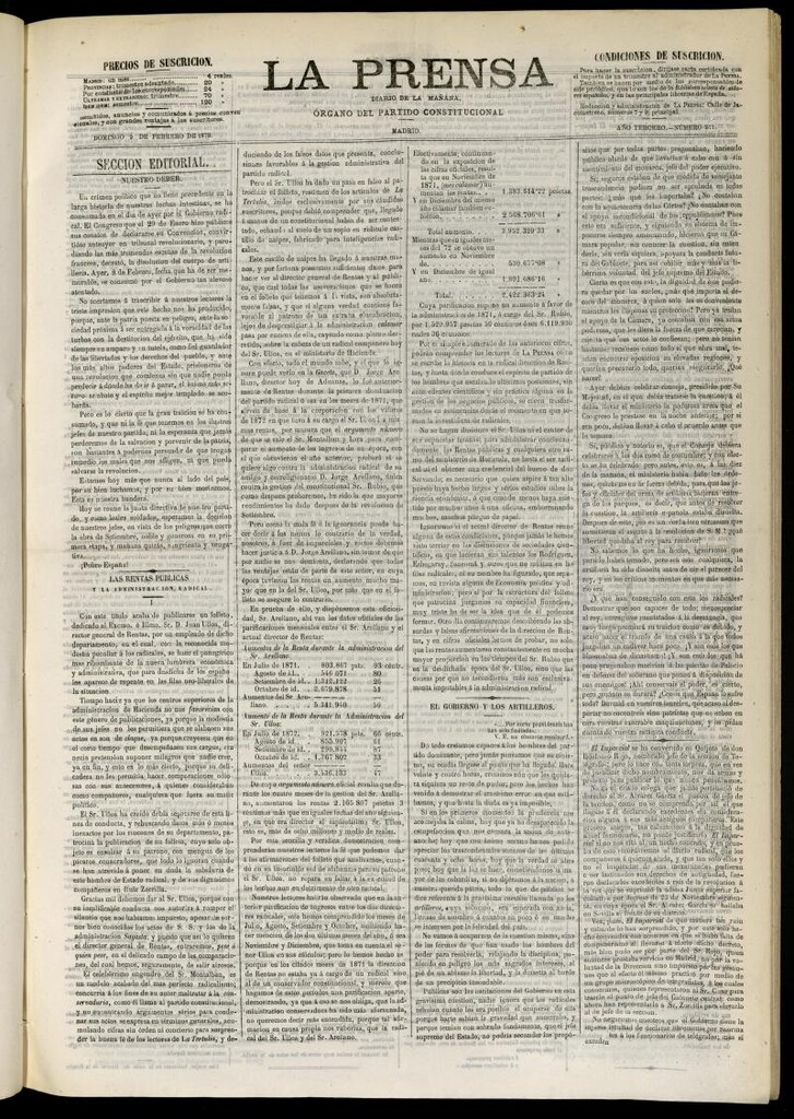 Miniatura de La Prensa : diario de la mañana : político, literario y de noticias del 9 de febrero de 1873, nº 571