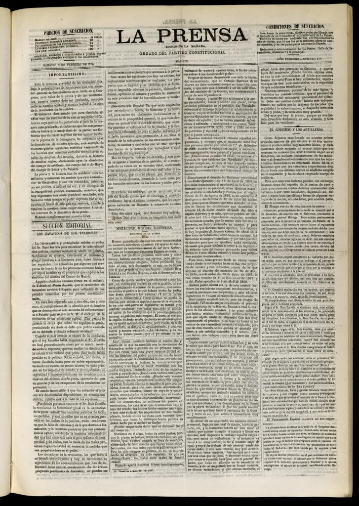 Miniatura de La Prensa : diario de la mañana : político, literario y de noticias del 8 de febrero de 1873, nº 570