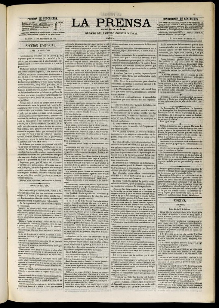 Miniatura de La Prensa : diario de la mañana : político, literario y de noticias del 11 de febrero de 1873, nº 572