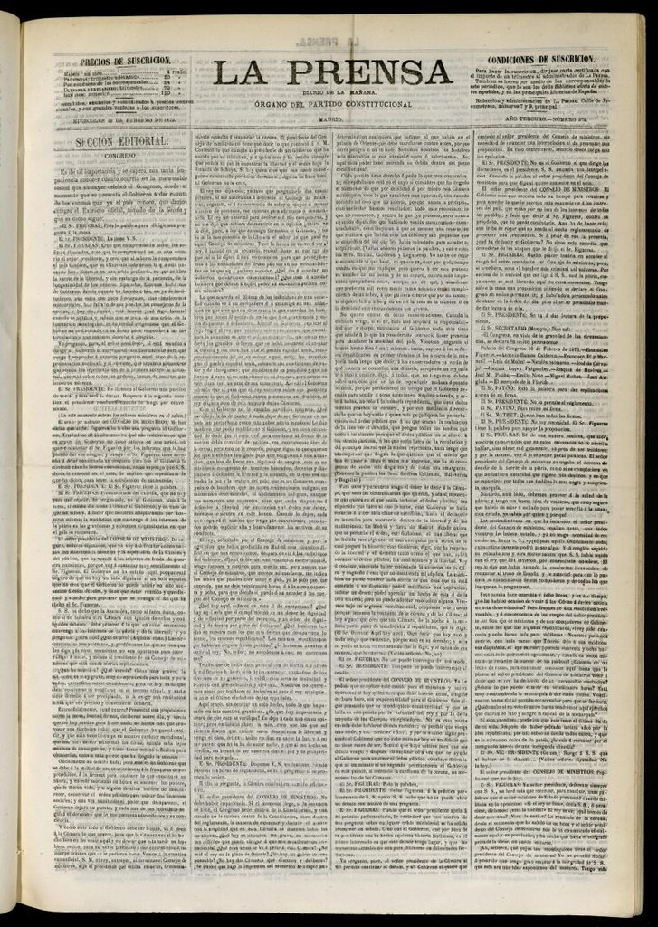 Miniatura de La Prensa : diario de la mañana : político, literario y de noticias del 12 de febrero de 1873, nº 573