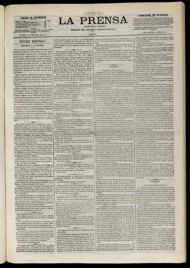 Miniatura de La Prensa : diario de la mañana : político, literario y de noticias del 13 de febrero de 1873, nº 574