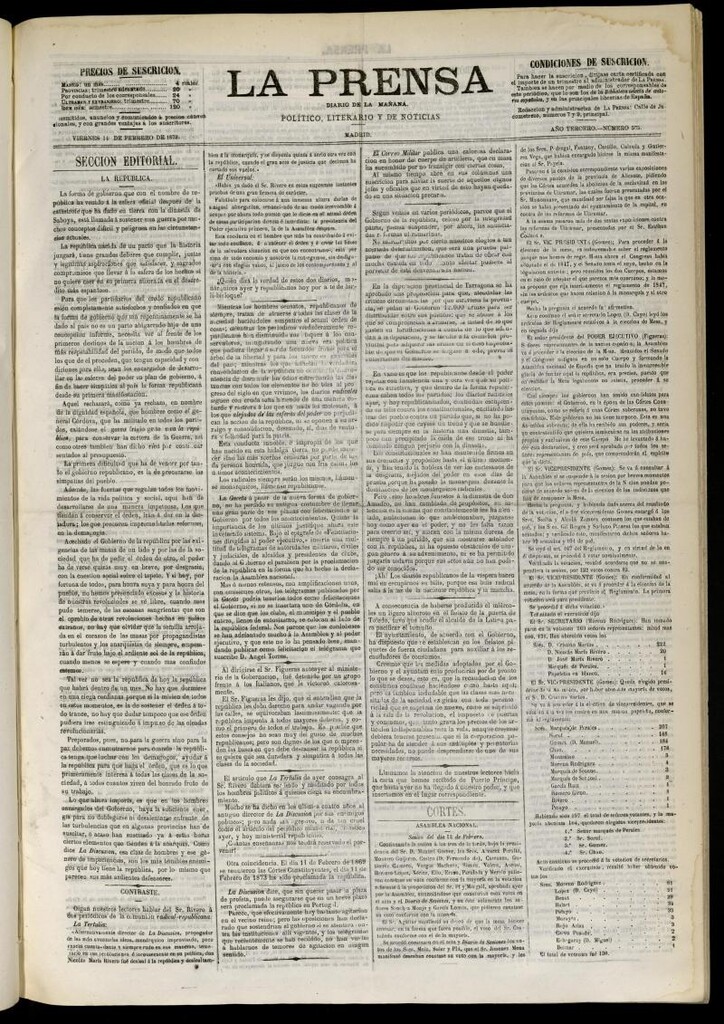 Miniatura de La Prensa : diario de la mañana : político, literario y de noticias del 14 de febrero de 1873, nº 575