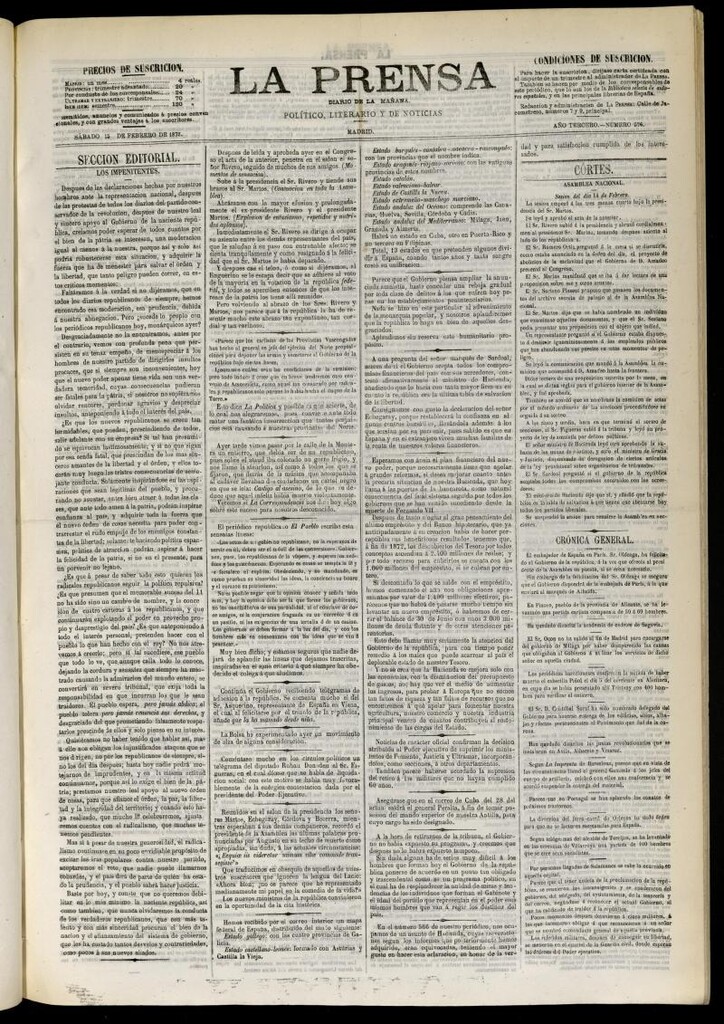 Miniatura de La Prensa : diario de la mañana : político, literario y de noticias del 15 de febrero de 1873, nº 576