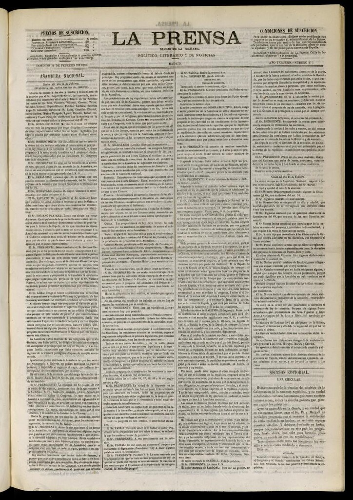 Miniatura de La Prensa : diario de la mañana : político, literario y de noticias del 16 de febrero de 1873, nº 577