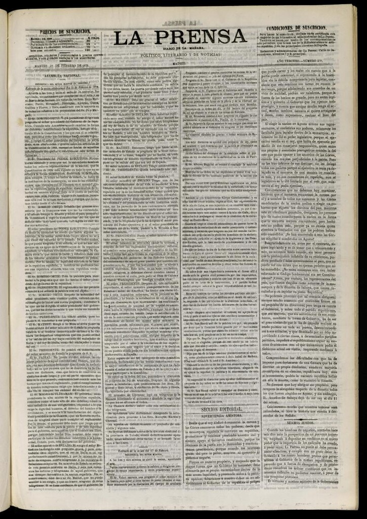 Miniatura de La Prensa : diario de la mañana : político, literario y de noticias del 18 de febrero de 1873, nº 578