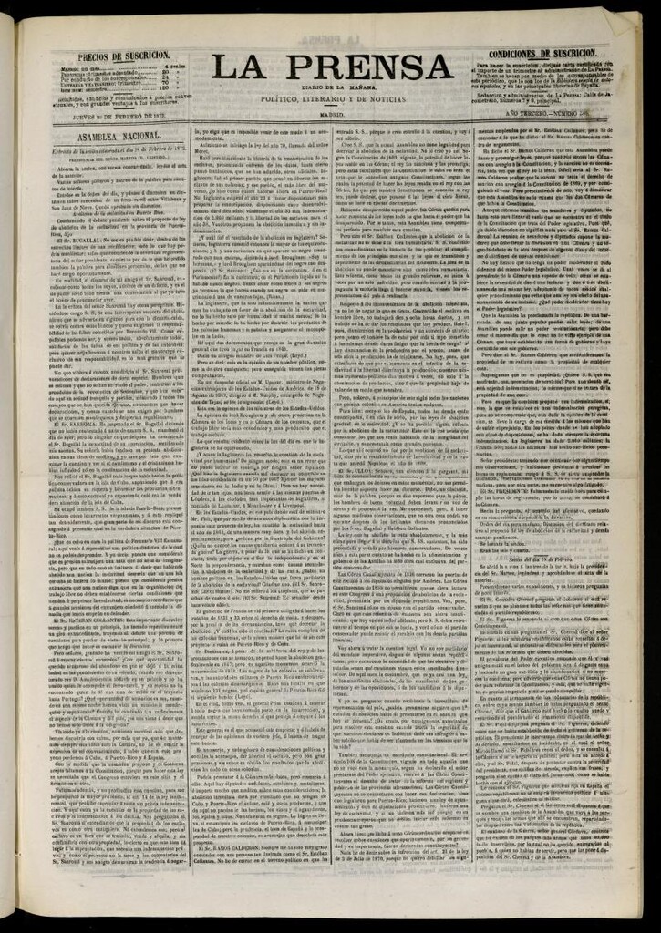 Miniatura de La Prensa : diario de la mañana : político, literario y de noticias del 20 de febrero de 1873, nº 580