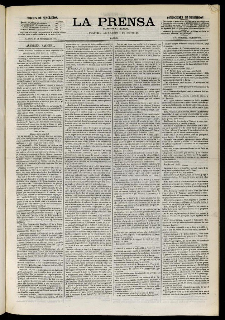 Miniatura de La Prensa : diario de la mañana : político, literario y de noticias del 22 de febrero de 1873, nº 582