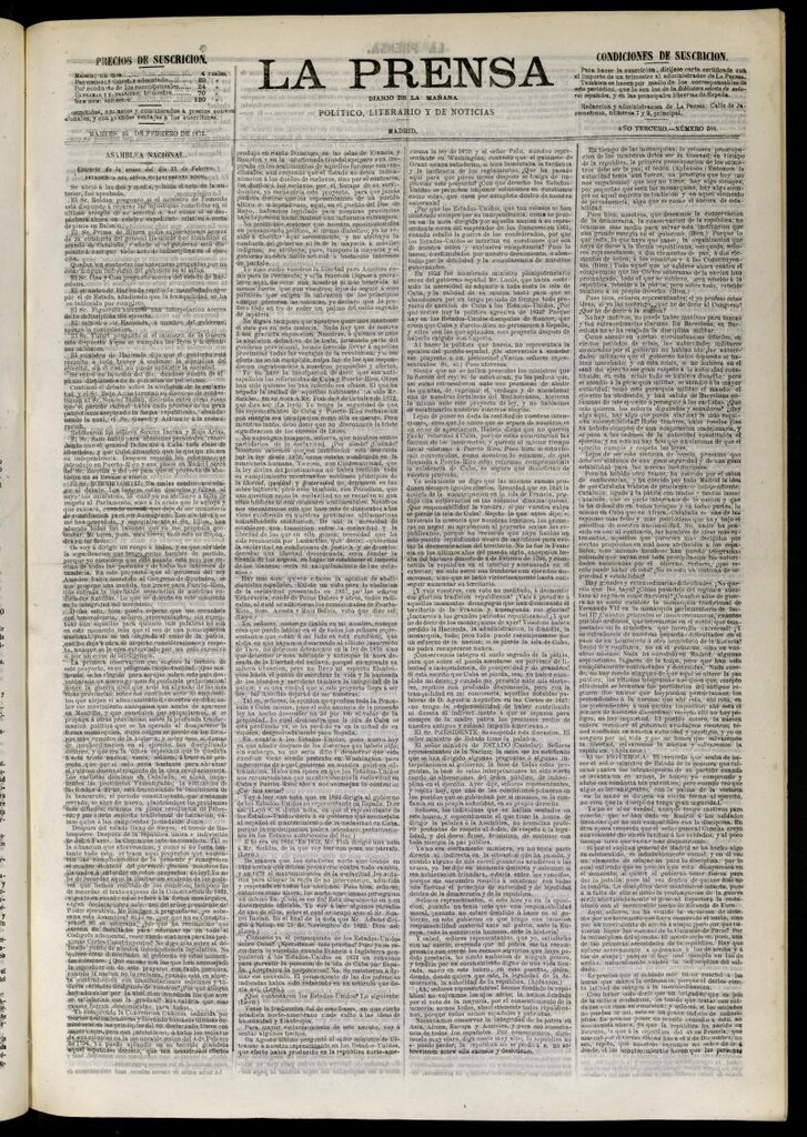 Miniatura de La Prensa : diario de la mañana : político, literario y de noticias del 25 de febrero de 1873, nº 584
