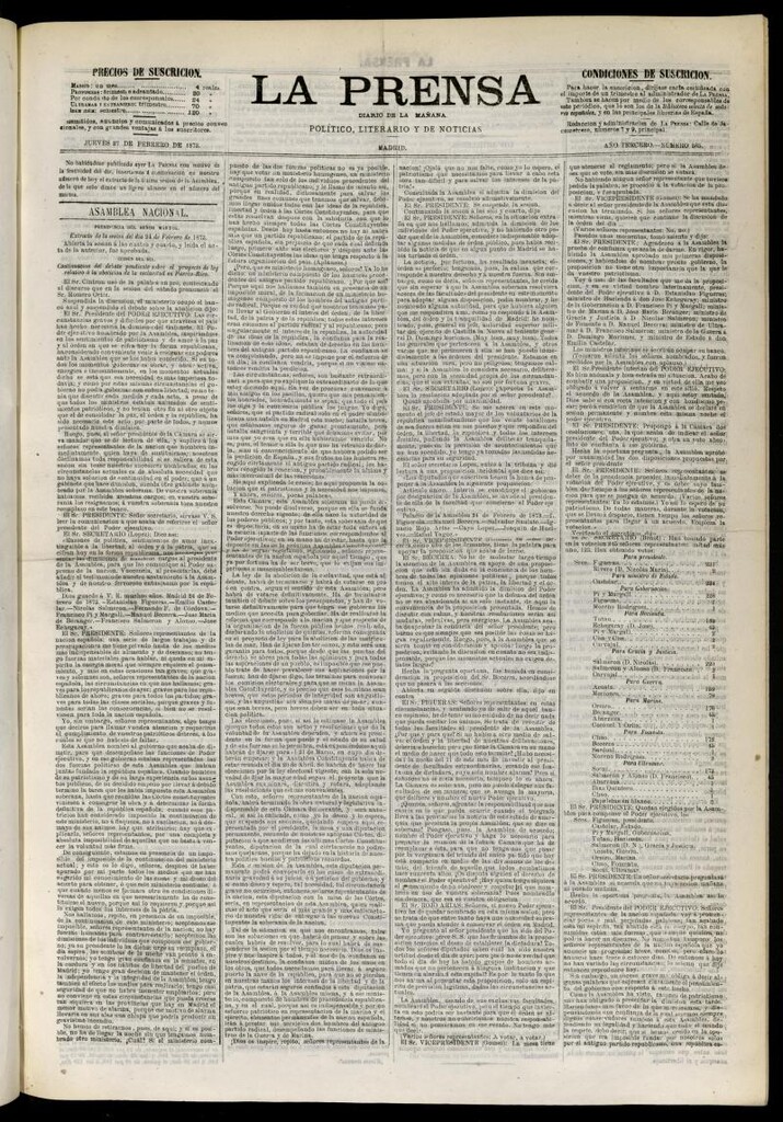 Miniatura de La Prensa : diario de la mañana : político, literario y de noticias del 27 de febrero de 1873, nº 585
