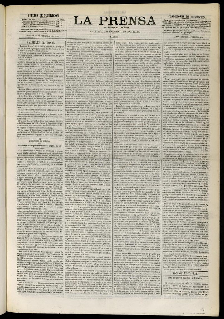 Miniatura de La Prensa : diario de la mañana : político, literario y de noticias del 28 de febrero de 1873, nº 586