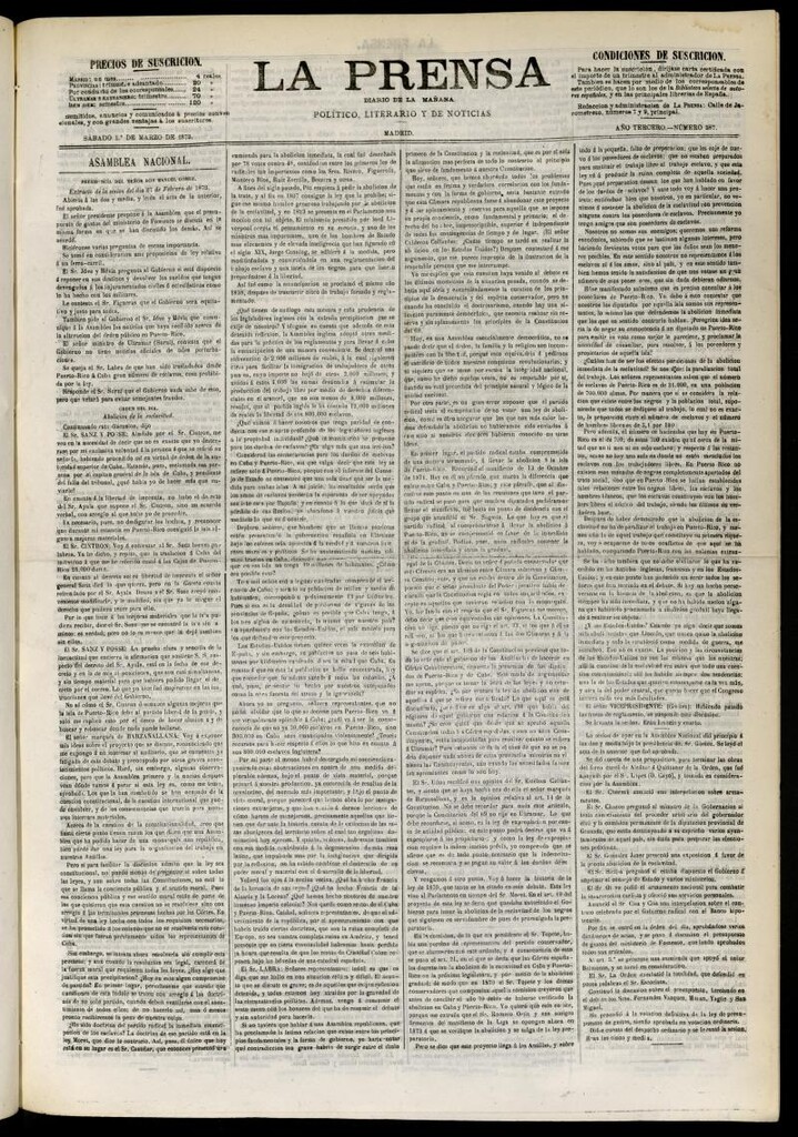 Miniatura de La Prensa : diario de la mañana : político, literario y de noticias del 1 de marzo de 1873, nº 587