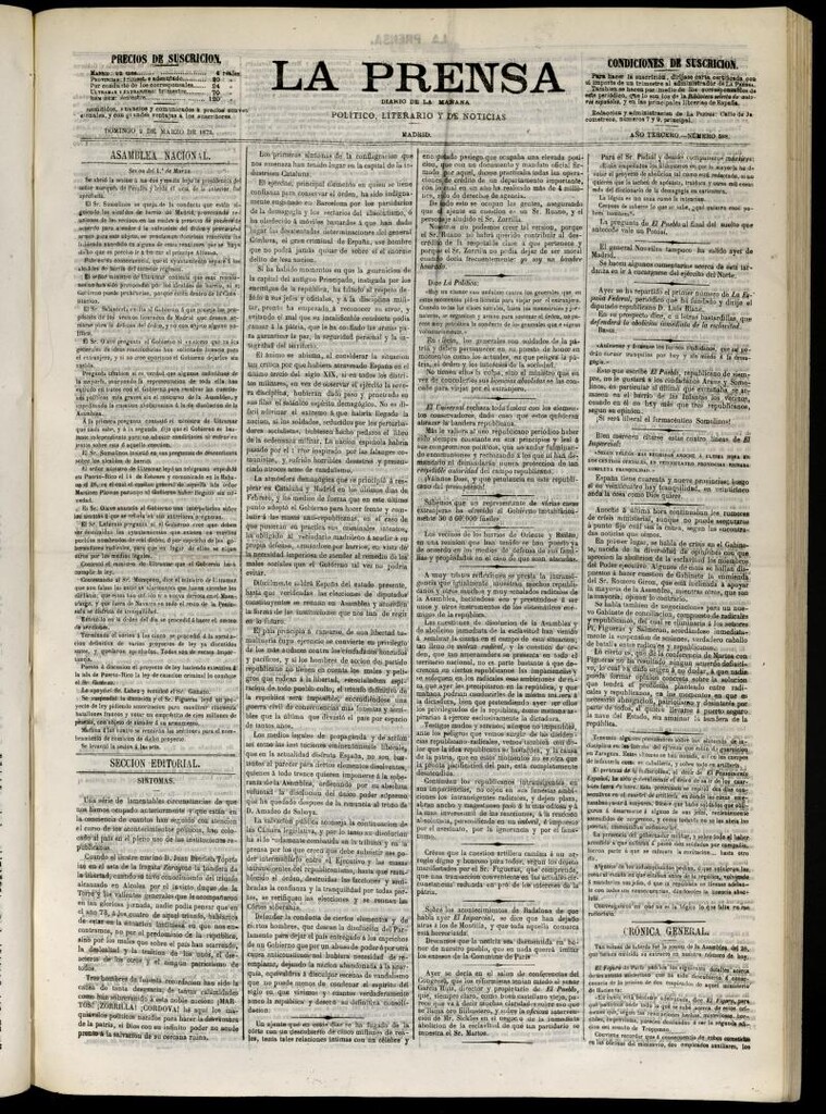 Miniatura de La Prensa : diario de la mañana : político, literario y de noticias del 2 de marzo de 1873, nº 588