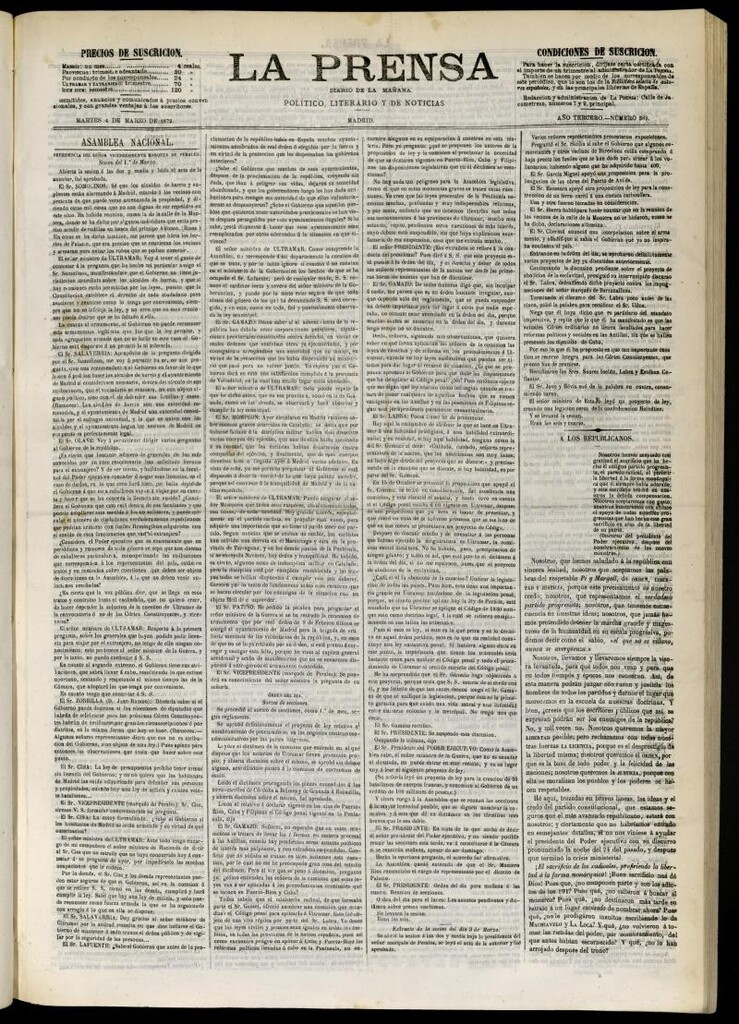 Miniatura de La Prensa : diario de la mañana : político, literario y de noticias del 4 de marzo de 1873, nº 589