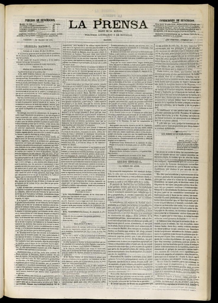 Miniatura de La Prensa : diario de la mañana : político, literario y de noticias del 7 de marzo de 1873, nº 592