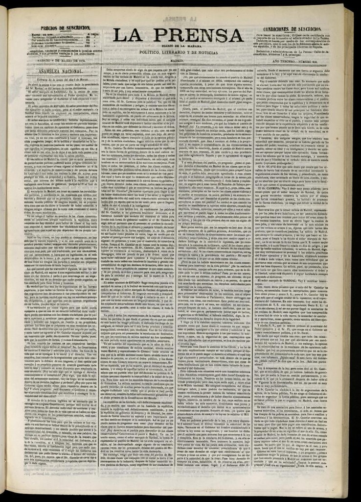 Miniatura de La Prensa : diario de la mañana : político, literario y de noticias del 8 de marzo de 1873, nº 593