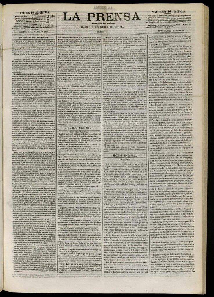 Miniatura de La Prensa : diario de la mañana : político, literario y de noticias del 9 de marzo de 1873, nº 594