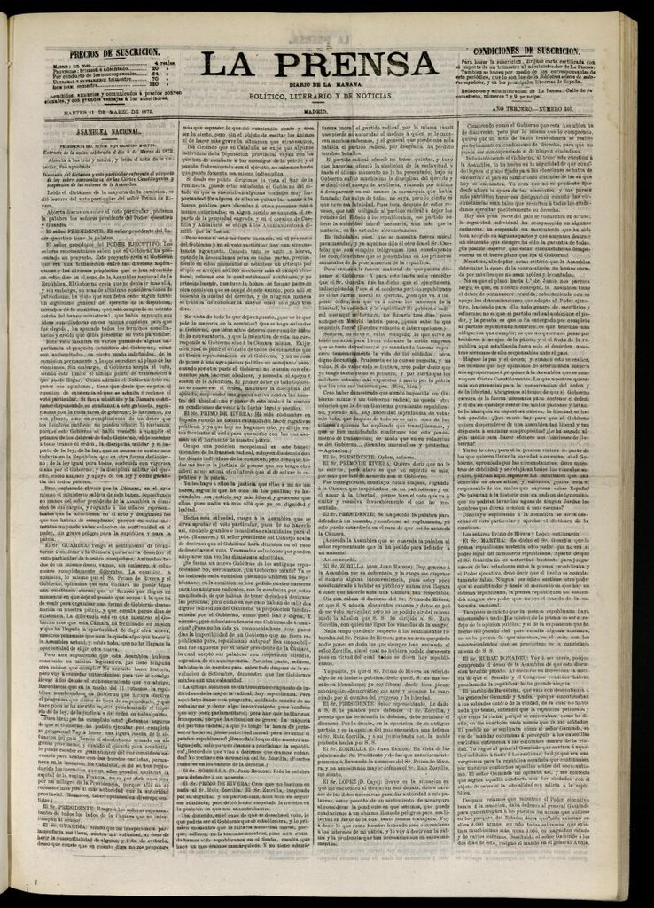 Miniatura de La Prensa : diario de la mañana : político, literario y de noticias del 11 de marzo de 1873, nº 595