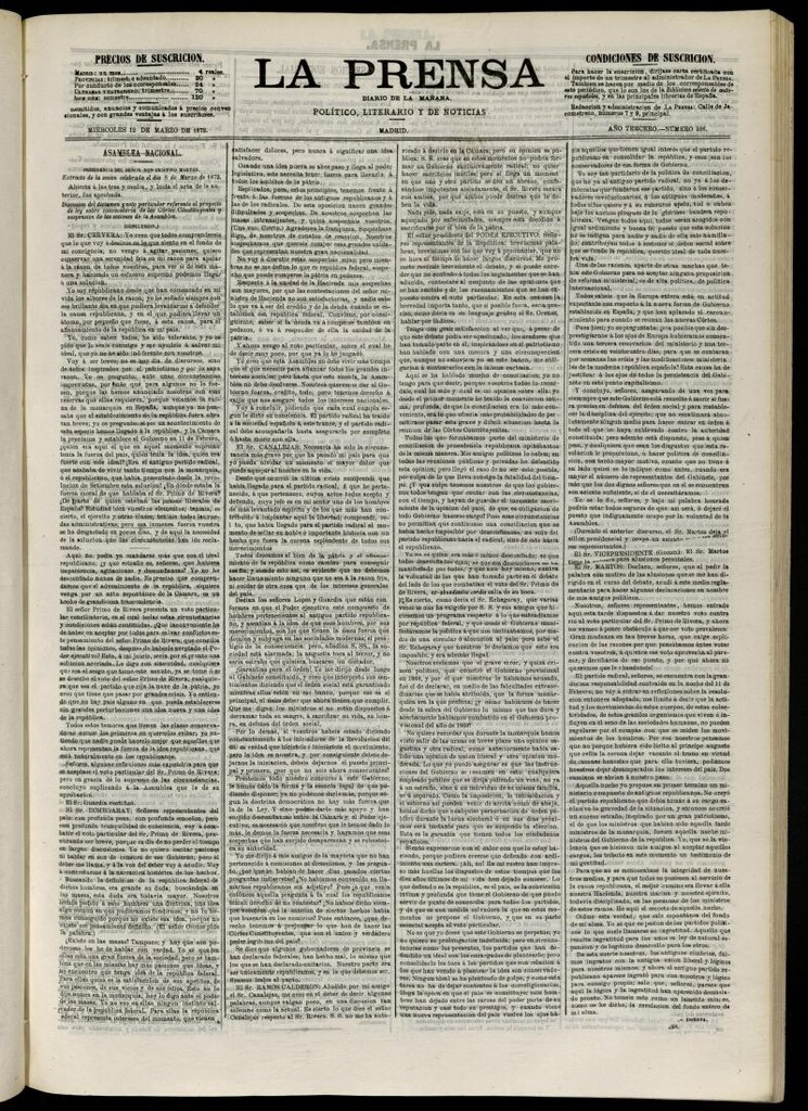 Miniatura de La Prensa : diario de la mañana : político, literario y de noticias del 12 de marzo de 1873, nº 596