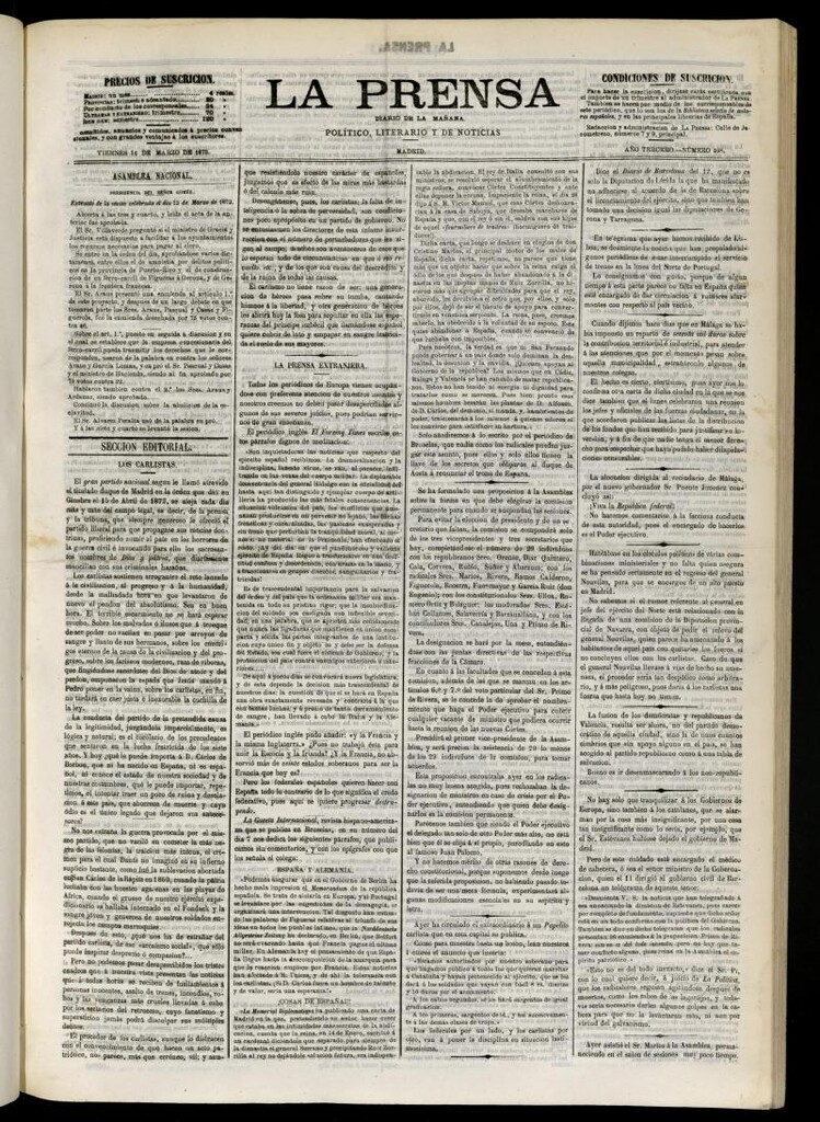 Miniatura de La Prensa : diario de la mañana : político, literario y de noticias del 14 de marzo de 1873, nº 598
