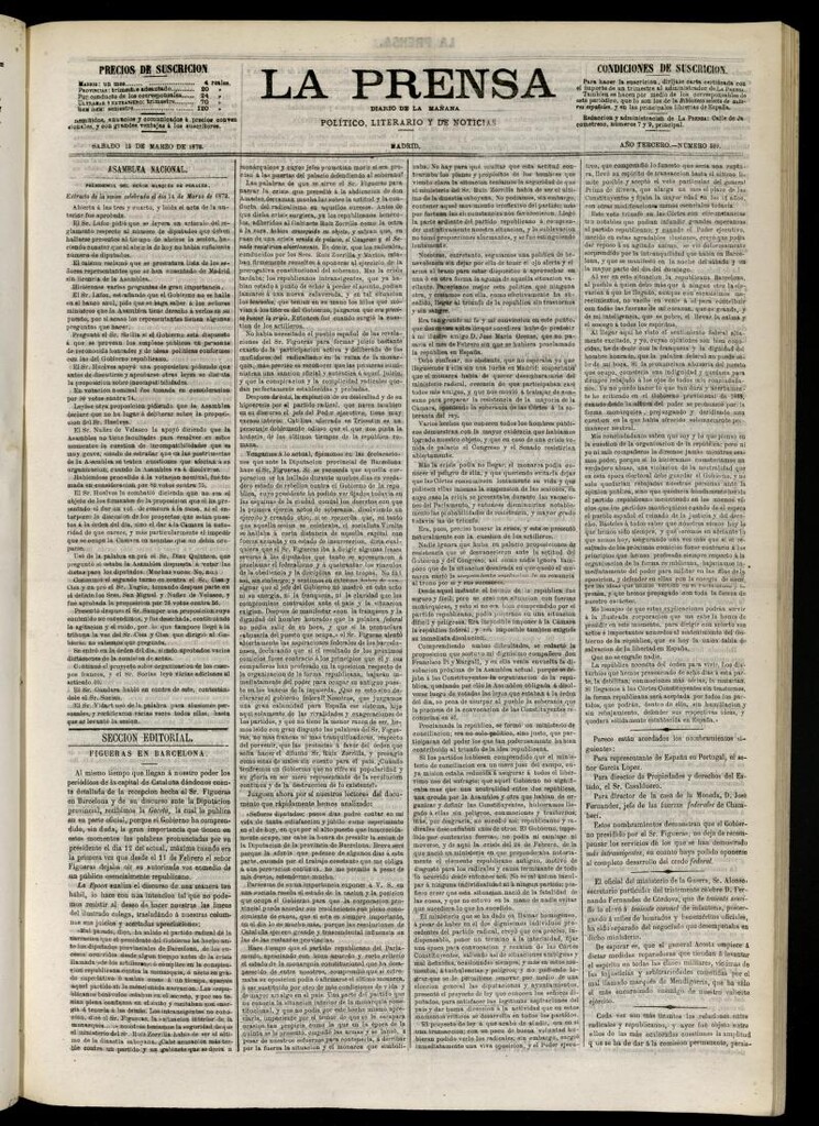 Miniatura de La Prensa : diario de la mañana : político, literario y de noticias del 15 de marzo de 1873, nº 599