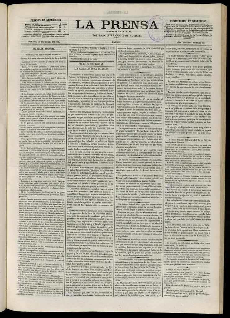 Miniatura de La Prensa : diario de la mañana : político, literario y de noticias del 16 de marzo de 1873, nº 600