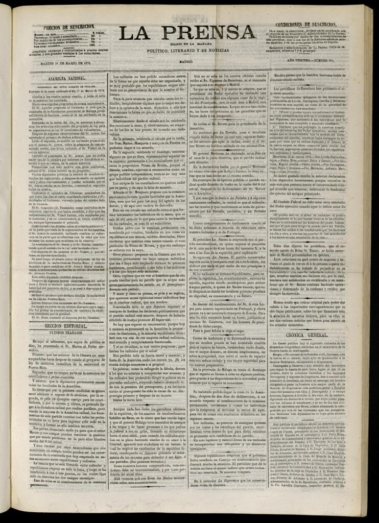 Miniatura de La Prensa : diario de la mañana : político, literario y de noticias del 18 de marzo de 1873, nº 601
