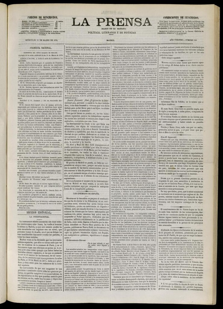 Miniatura de La Prensa : diario de la mañana : político, literario y de noticias del 19 de marzo de 1873, nº 602