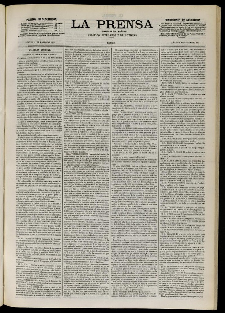 Miniatura de La Prensa : diario de la mañana : político, literario y de noticias del 21 de marzo de 1873, nº 604