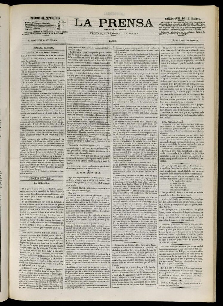 Miniatura de La Prensa : diario de la mañana : político, literario y de noticias del 22 de marzo de 1873, nº 605