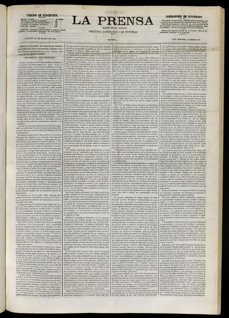 Miniatura de La Prensa : diario de la mañana : político, literario y de noticias del 23 de marzo de 1873, nº 606