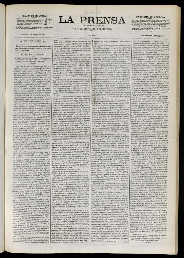 Miniatura de La Prensa : diario de la mañana : político, literario y de noticias del 25 de marzo de 1873, nº 607