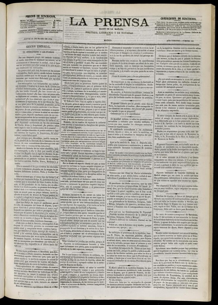 Miniatura de La Prensa : diario de la mañana : político, literario y de noticias del 27 de marzo de 1873, nº 608