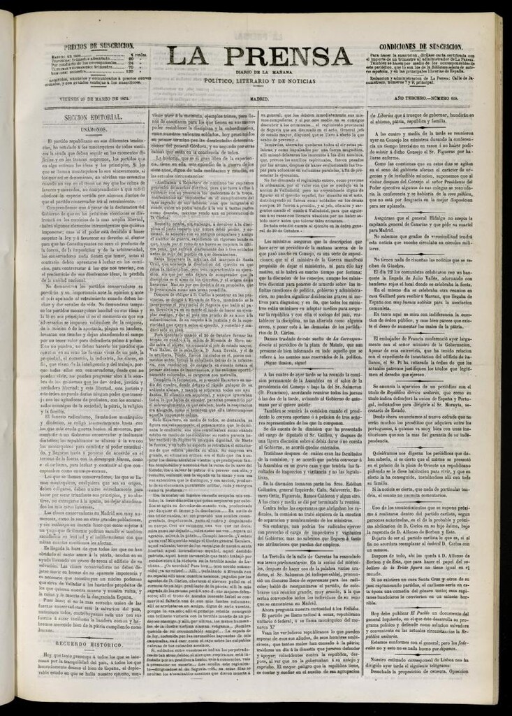 Miniatura de La Prensa : diario de la mañana : político, literario y de noticias del 28 de marzo de 1873, nº 609
