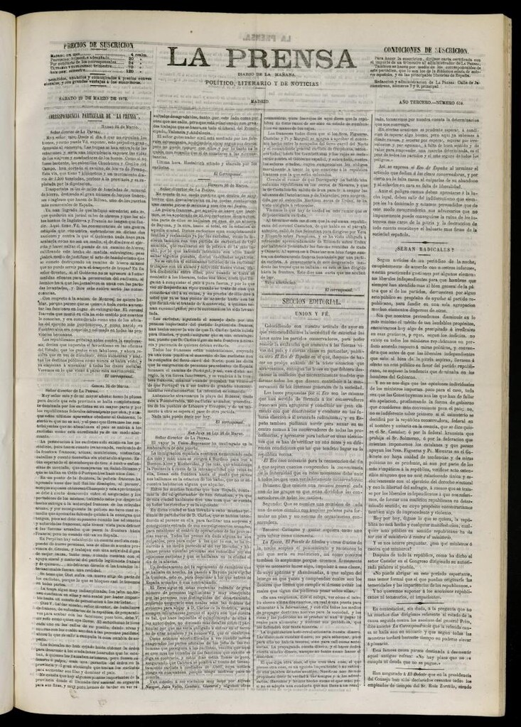 Miniatura de La Prensa : diario de la mañana : político, literario y de noticias del 29 de marzo de 1873, nº 610