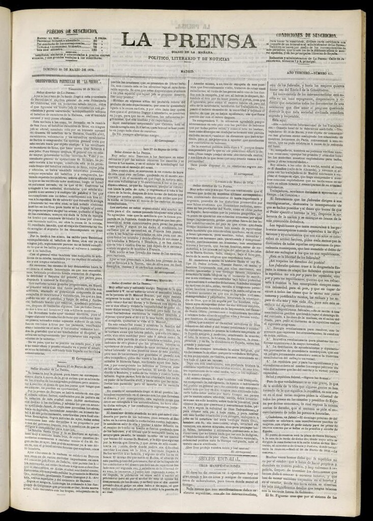 Miniatura de La Prensa : diario de la mañana : político, literario y de noticias del 30 de marzo de 1873, nº 611