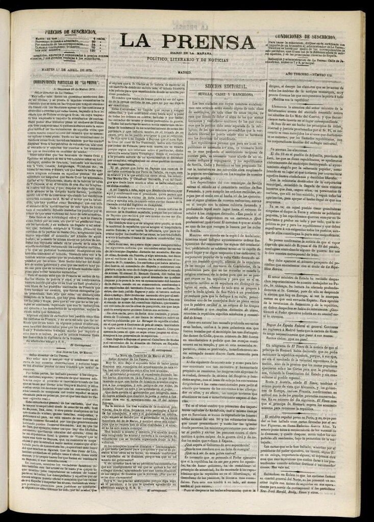 Miniatura de La Prensa : diario de la mañana : político, literario y de noticias del 1 de abril de 1873, nº 612