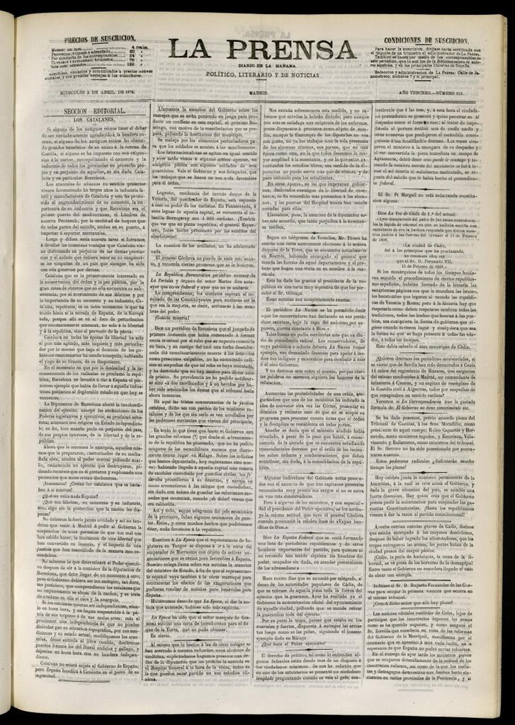 Miniatura de La Prensa : diario de la mañana : político, literario y de noticias del 2 de abril de 1873, nº 613