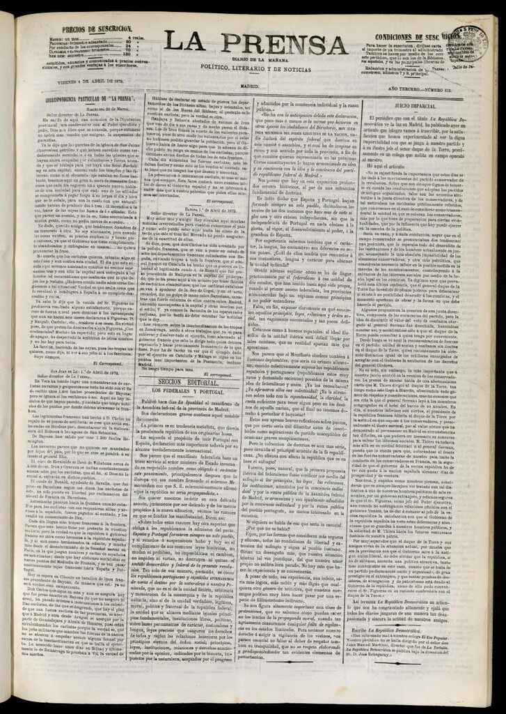 Miniatura de La Prensa : diario de la mañana : político, literario y de noticias del 4 de abril de 1873, nº 615