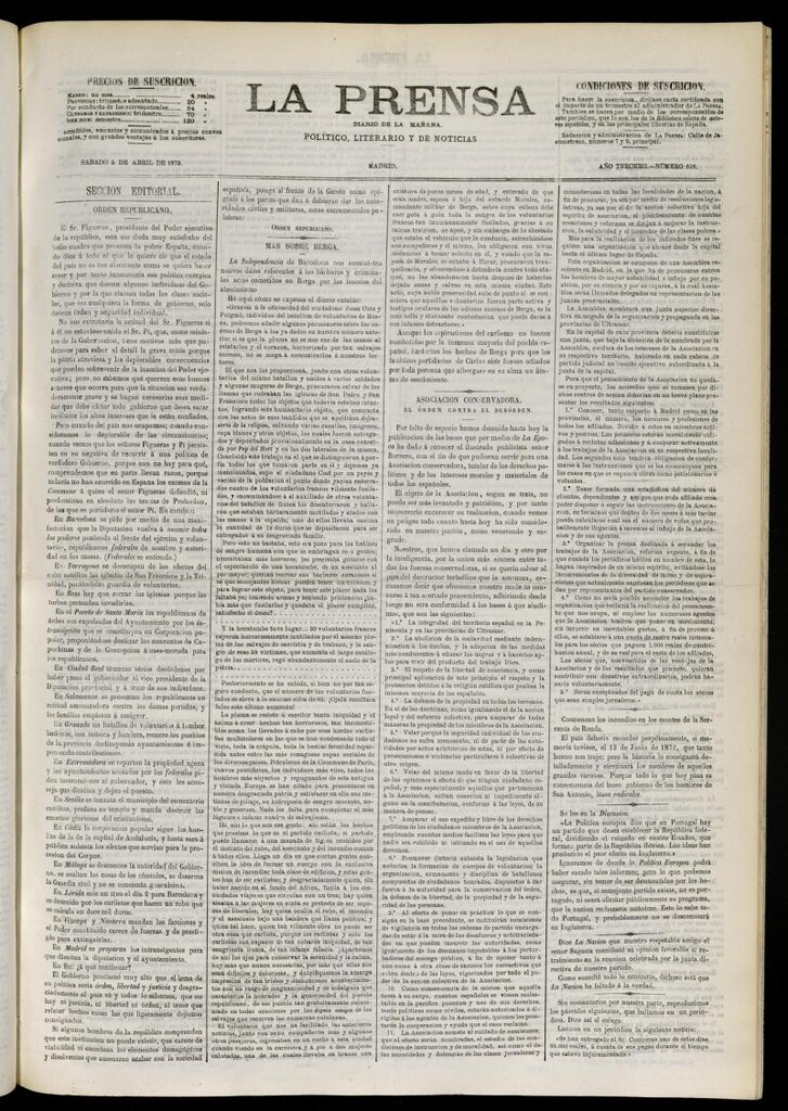 Miniatura de La Prensa : diario de la mañana : político, literario y de noticias del 5 de abril de 1873, nº 616