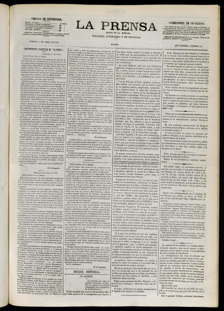 Miniatura de La Prensa : diario de la mañana : político, literario y de noticias del 6 de abril de 1873, nº 617