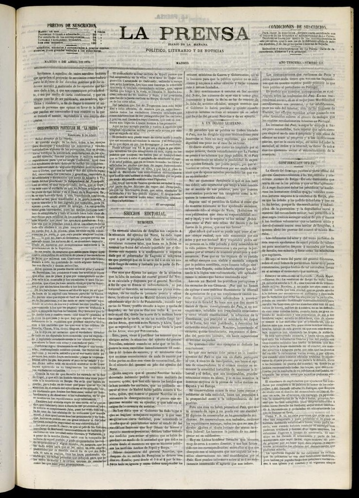 Miniatura de La Prensa : diario de la mañana : político, literario y de noticias del 8 de abril de 1873, nº 618